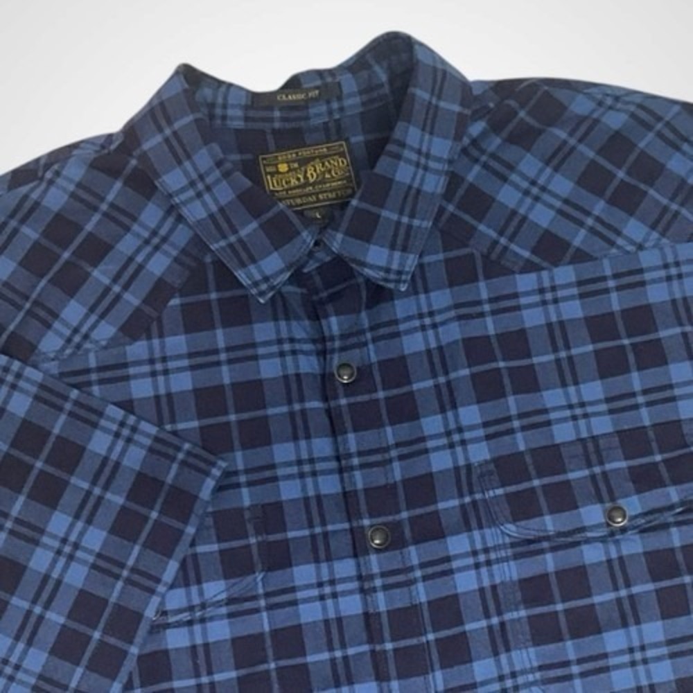 VTG Lucky Brand Blue/Black Plaid‎ Short Sleeve Shirt Men L China Cotton/Spandex
